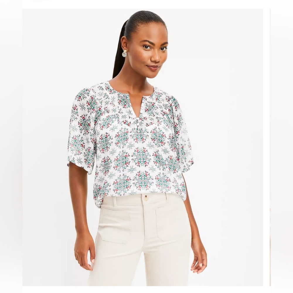 LOFT Shirred Floral V-Neck Top